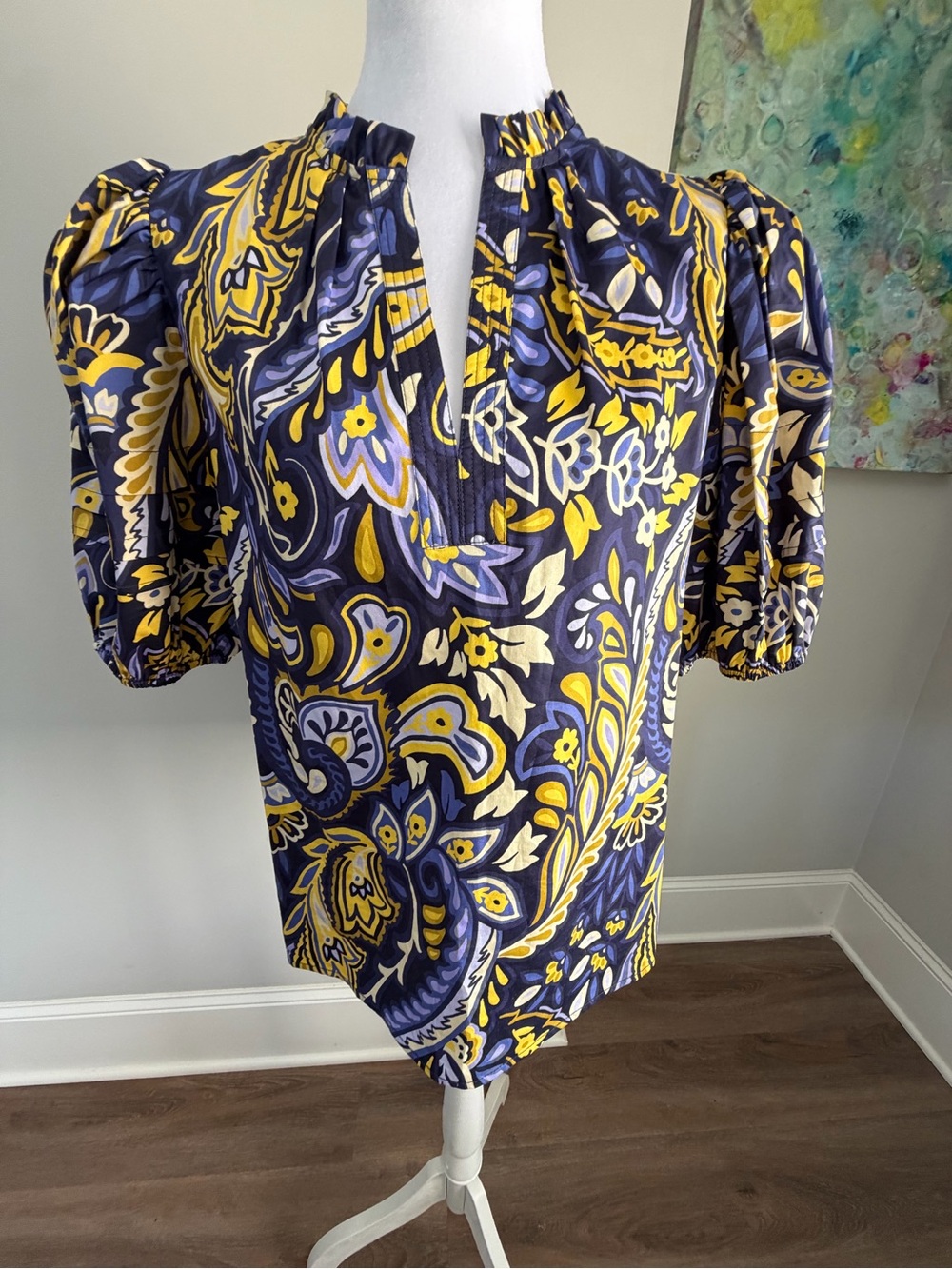 Tyler Boe Navy, Yellow & Cream Paisley Puff-Sleeve Blouse